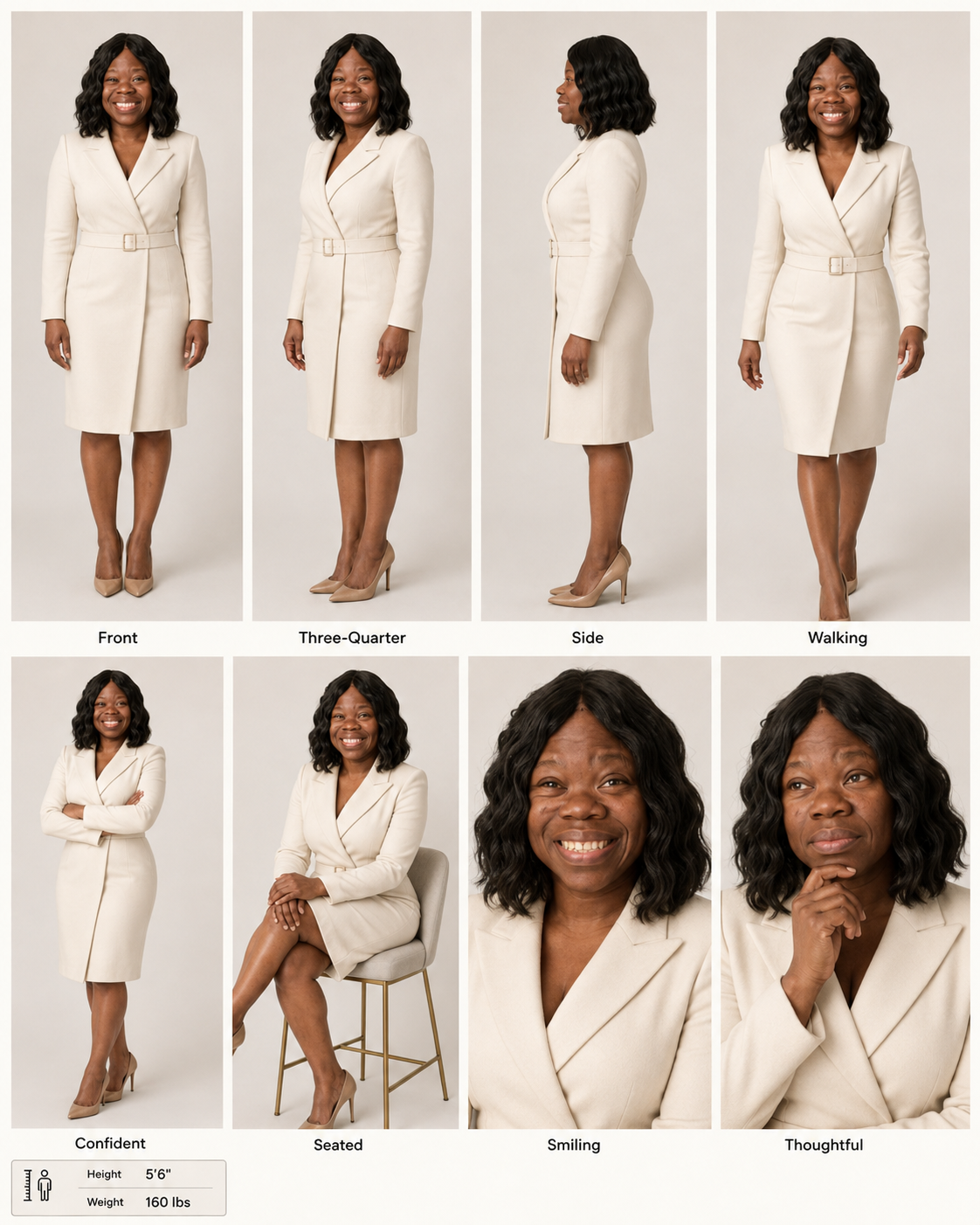 Character sheet of a professional executive AI character in a cream belted coat dress shown in front, three-quarter, side, walking, seated, and close-up views.