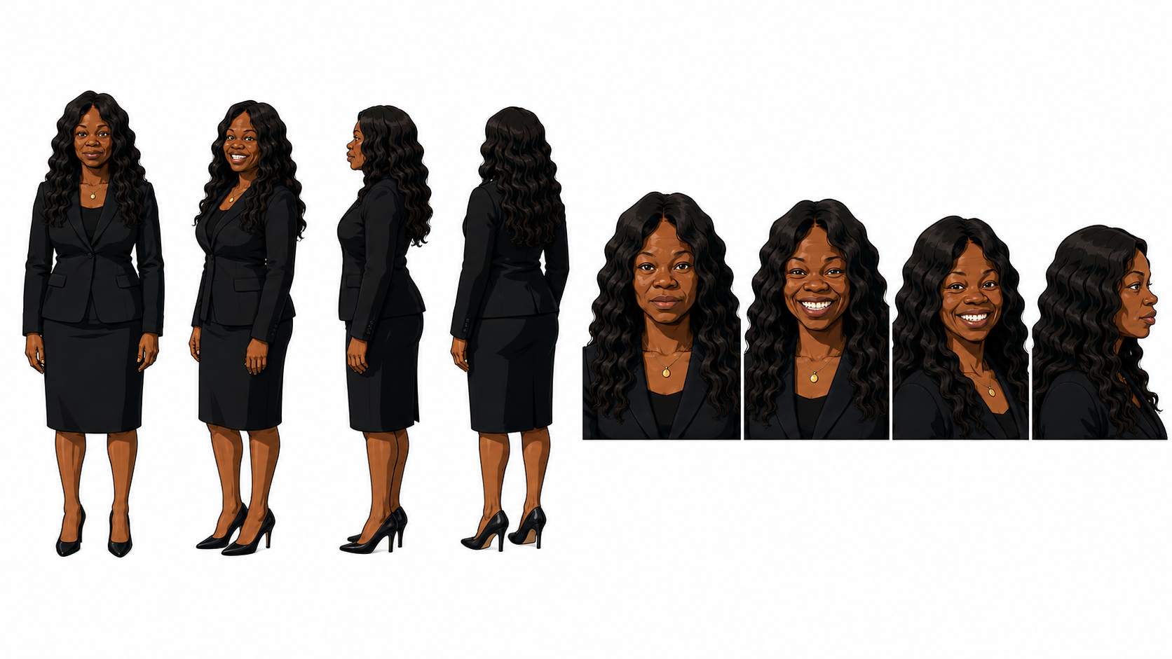 Illustrated urban cartoon character sheet of a businesswoman in a black skirt suit shown from several angles with expression close-ups.