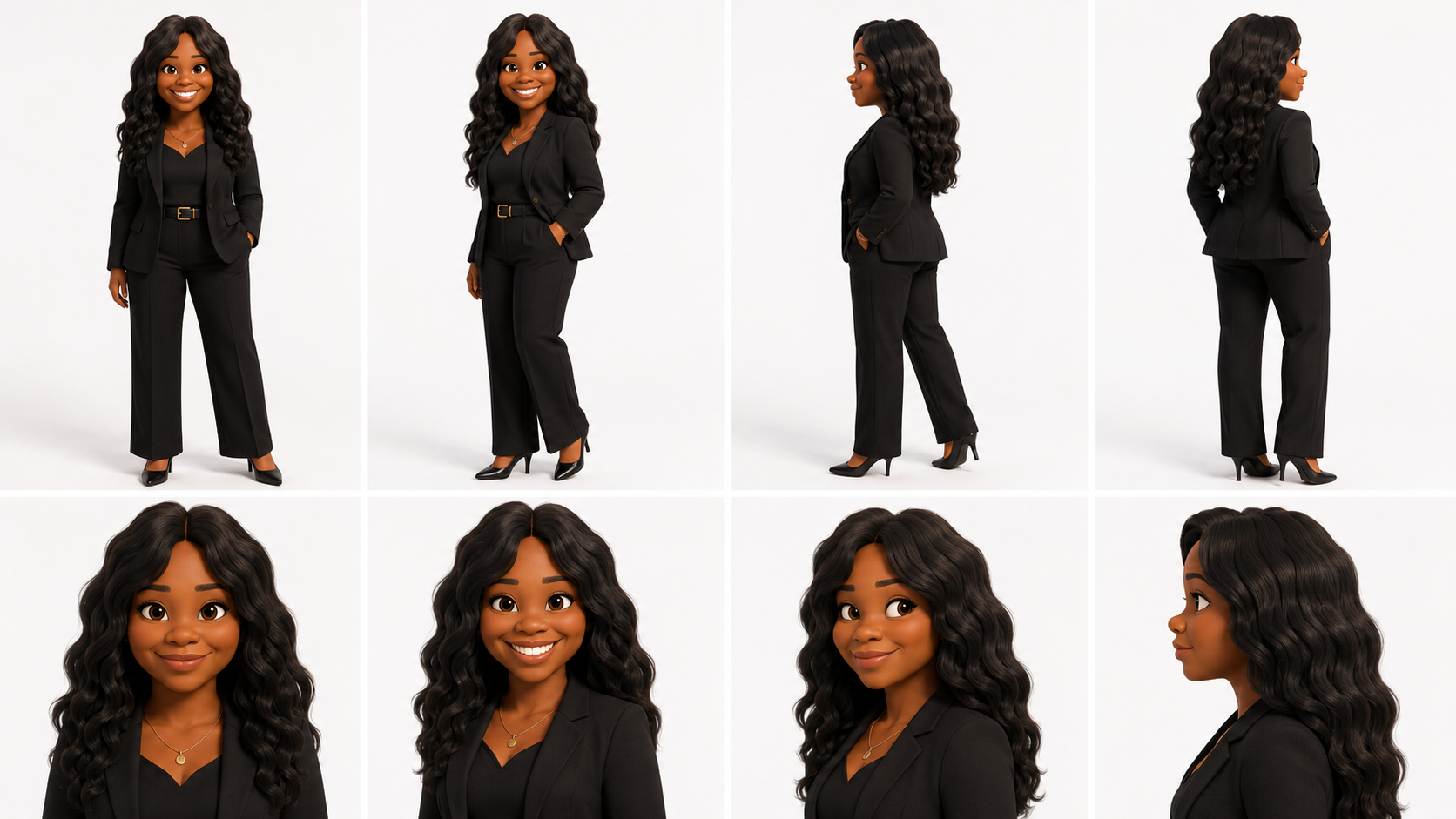 Character sheet of an animated 3D business avatar in a black suit shown from multiple angles with close-up expressions.