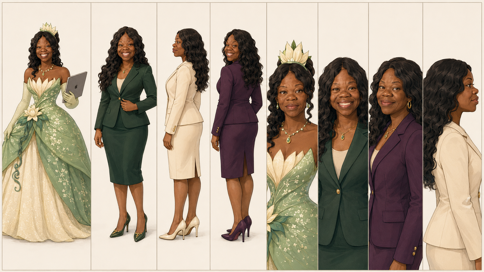Illustrated character sheet blending a fairytale princess gown with executive suit looks in green, cream, and plum.