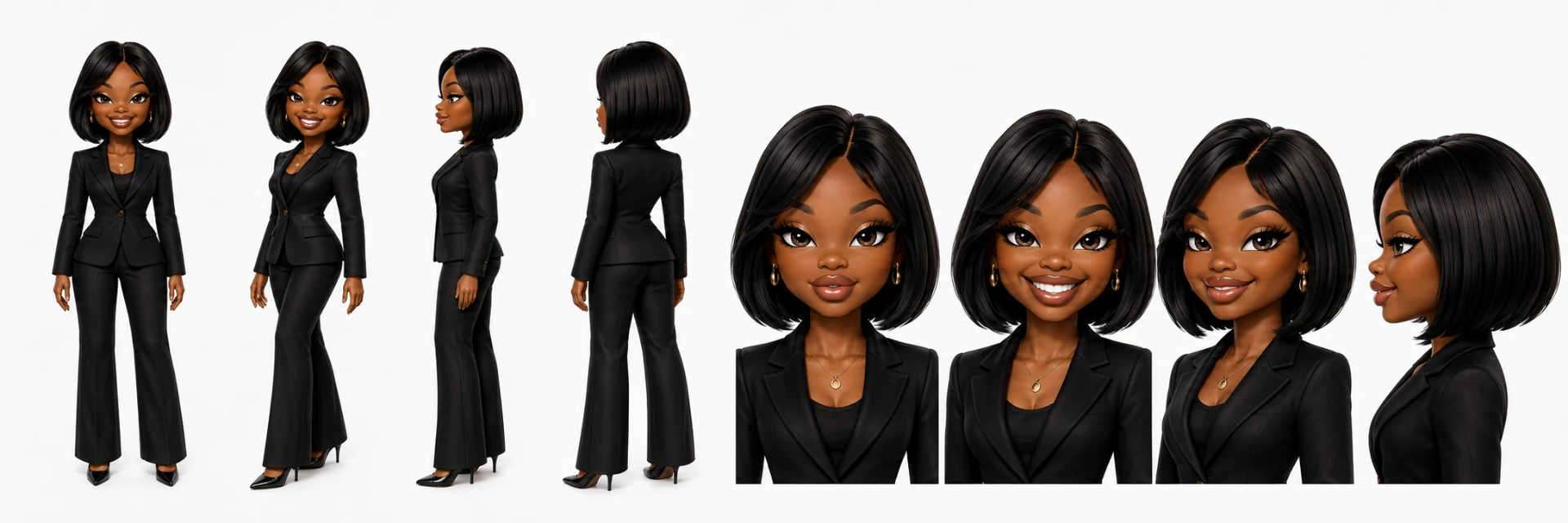 Glam fashion doll style character sheet of a stylized businesswoman in a black pant suit with bob hairstyle, shown from multiple angles.